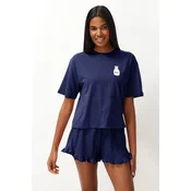 Trendyol Navy Blue Plain Ruffle Jersey Knitted Pajamas Set