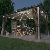 vidaXL Paviljon z zaveso in lučkami 400x300 cm taupe aluminij