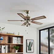 Lindby stropni ventilator z lučjo Anariki, tih, iz medenine - Dnevna soba/jedilnica - Podeželska hiša/Rustikalna - medenina, hrast - Kovina