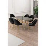 Hanah Home trpezarijski set Jita, sto i 6 stolica, antracit ploca Irony, zlatne noge, crna tkanina Babyface