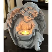 Casa Padrino Art Nouveau decorative sculpture angel with tealight holder gray 14 x 8 x H. 22 cm - Elegant decorative stone figure - Living room decoration - Garden decoration