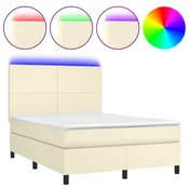 Vidaxl Box spring postelja z vzmetnico LED krem 140x200cm umetno usnje