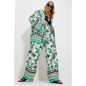 Trend Alaçati Stili Womens Green-White Kimono Jacket And Palazzo Pants Suit