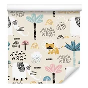 Safari tapeta z levi in pastelnimi drevesi za dnevno sobo in spalnico 50x1000 cm