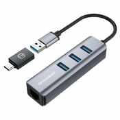 Graugear USB-Hub, 3x USB 3.0 Type-A Gbit LAN, inkl. USB-C Adapter - silber G-HUB31L-AC