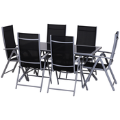 Outsunny Outsunny Set vrtnega pohištva miza s 6 zložljivimi stoli nagibno naslonjalo 7 stopenj nerjaveča prašno lakirana struktura črno srebrna aluminijasta mreža steklo, (20752944)