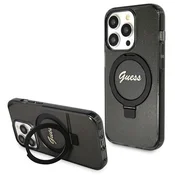 Guess Ovitek Guess Ring Stand Script Glitter MagSafe za iPhone 13 Pro Max - črn