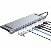 E-GREEN Multiport USB 3.1 tip C (M) - 2 x HDMI + VGA + 3 x USB 3.0 + 1 x tip C-(PD 100W) + USB 2.0 + 3.5mm + SD/TF + RJ45 (F)1000 Mbps (12 u 1)
