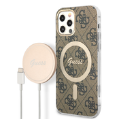 Komplet ovitka Guess 4G Collection MagSafe in brezžične polnilne postaje Guess Vintage z MagSafe tehnologijo 15W za iPhone 12/iPhone 12 Pro - rjav