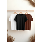 Trendyol Black-Brown-White Basic Slim Fit 100% Cotton 3-Pack T-Shirt