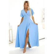 581-3 JENNIFER long dress with leg slit, sleeve and neckline - light blue
