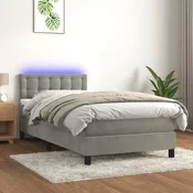 Krevet box spring s madracem LED svjetlosivi 90x190 cm baršun