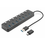 USB 3.0 Hub, 7-port, switch Aluminium housing, Incl. 5V/2A power supply