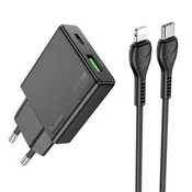 Hoco Mrežni polnilnik za telefon Hoco Slim USB-A + USB-C QC3.0 PD 3A 20 W + kabel USB-C na Lightning N38, črn