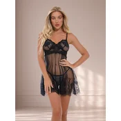 NEGLIŽE Maura Black - črna cvetlična čipka, prozorna mrežica, babydoll