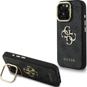 Guess PU 4G Metal Logo Stand Camera Frame zadnji ovitek za iPhone 15 Pro Max črn