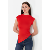 Trendyol Red High Neck Short Sleeve Gathered/Drape Detail Asymmetric Knitted Blouse