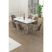 Hanah Home trpezarijski set Poy, sto na razvlacenje i 6 stolica, siva ploca Rampla, hromirane noge, kapucino tkanina Babyface