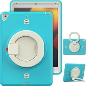 Nikcorp Vzdržljiv zaščitni etui za iPad 8/9 10.2 s 360° vrtljivim stojalom, ročajem in snemljivim naramnim pasom, turkizen