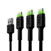 Green Cell Set 3x GC Ray USB-C 200cm Kabel with green LED backlight. fast charging Ultra Charge. QC 3.0 (KABGCSET03)