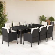 9-dijelni vrtni blagovaonski set s jastucima crni od poliratana Crna 190 cm table length
