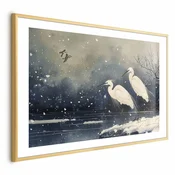 shumee Plakat - Čaplje ob zimskem ribniku - ilustracija v japonskem slogu v temnih barvah
