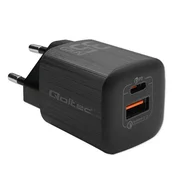Qoltec 35W GaN ULTRA stenski polnilnik | 5–20 V | 2,25–3 A | 1 x USB Type-C PD | 1 x USB QC 3.0 | Črna