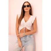 Kesi Womens ribbed blouse with gathering and ruffle powder pink