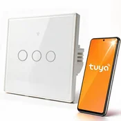 Qoltec pametno stikalo na dotik s 3 kanali | Wi-Fi | Časovnik | Tuya | Pametno življenje | Kaljeno steklo | Bela
