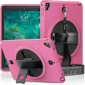 Nikcorp Vzdržljiv zaščitni ovitek za iPad 10.2 (2019-2021) z vrtljivim stojalom, ročajem in ramenskim pasom, roza barve