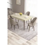 Hanah Home trpezarijski set Roz, sto na razvlacenje i 4 stolice, krem ploca, noge boje oraha, kapucino tkanina Babyface