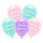ECO rojstnodnevni baloni Happy Birthday, 26 cm, mešanica barv, 5 kosov