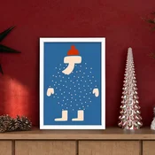 WallXpert novogodišnja uramljena MDF slika 3752CHRCT-006, figura u plavom kaputu sa crvenom kapom medu pahuljama, 37 x 52 cm