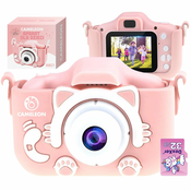 Otroški LCD 40MPix digitalni fotoaparat mucka 600mAh USB roza + 32GB SD kartica