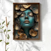 WallXpert uramljena MDF slika NAL066-70, žensko lice tirkizne boje medu bronzanim cvetovima, 50 x 70 cm