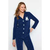 Trendyol Navy Blue Fleece Polka Dot Animal Print Shirt-Pants Knitted Pajamas Set
