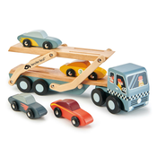 Drveni kamion Car Transporter Tender Leaf Toys s pomicnom platformom i 4 autica