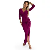 404-9 Shiny dress with a neckline and a slit on the leg - fuchsia with glitter