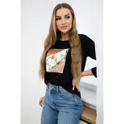 Blouse with 3D Bird black graphics