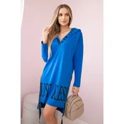 Hooded dress with a purple-blue print