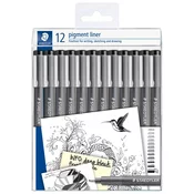 Liner, komplet, 12 različnih debelin, STAEDTLER Pigment Liner 308, črn, 12 kosov