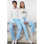 Trendyol Womens Couple White 100% Cotton Striped Teddy Bear Knitted Pajama Set