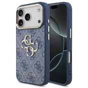 Zadnji ovitek Guess iz PU usnja 4G s kovinskim logotipom in zlatim okvirjem za iPhone 18 Pro moder