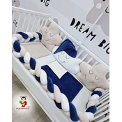 Bubamara037 Set za krevetac sa ogradicom od pletenica, sa lastišom, Plavo-Beli