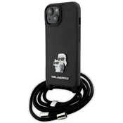 Karl Lagerfeld Karl Lagerfeld ovitek za iPhone 15, Crossbody Saffiano Metal Pin Karl & Choupette, črn