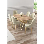 Hanah Home trpezarijski set Asel, sto i 6 stolica, ploca u dekoru Hazar, zlatne noge, krem tkanina Babyface