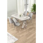 Hanah Home trpezarijski set Lai, sto i 4 stolice, ploca u dekoru belog mermera, hromirane noge, siva tkanina Babyface