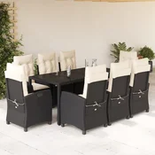 9-dijelni vrtni blagovaonski set s jastucima crni od poliratana Crna 190 cm table length