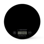 Esperanza Elektronska kuhinjska tehtnica Esperanza EKS003K, črna, okrogla, kapaciteta 5 kg, natančnost 1 g, funkcija tare in indikator prenosa.