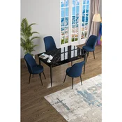 Hanah Home trpezarijski set Han, sto na razvlacenje i 4 stolice, ploca u dekoru crnog mermera, teget tkanina Jerry